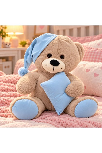 60 Cm Uyku Arkadaşım Uykucu Peluş Ayıcık Peluş Oyuncak Yastıklı Şapkalı
