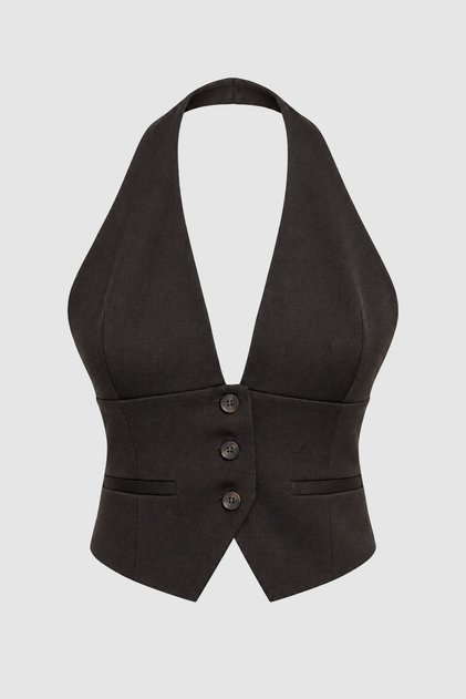 Kadın Kahverengi Halter Yaka Düğmeli Crop Yelek