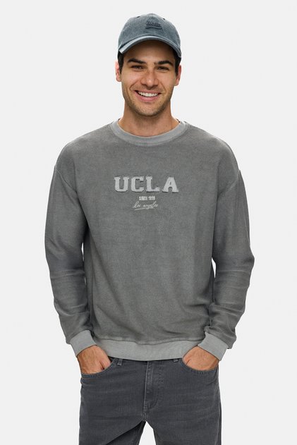 Leopold Dark Gray Crew Neck Cotton Appliqué Embroidered Washable Loose Fit Men's Sweatshirt