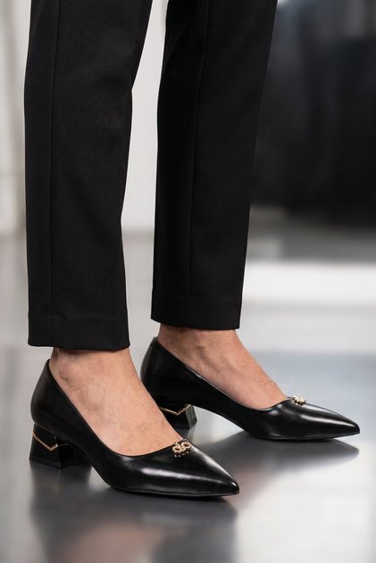 Black Thick Heeled Stone Detailed Pointed Toe Special Day and Night Women's Evening Dress Shoes 584127