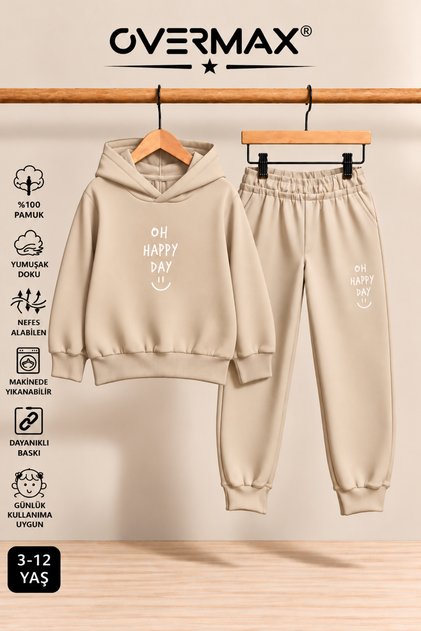 Oh Happy Day Printed Hooded Sweatshirt Tracksuit Set - Ages 3-12