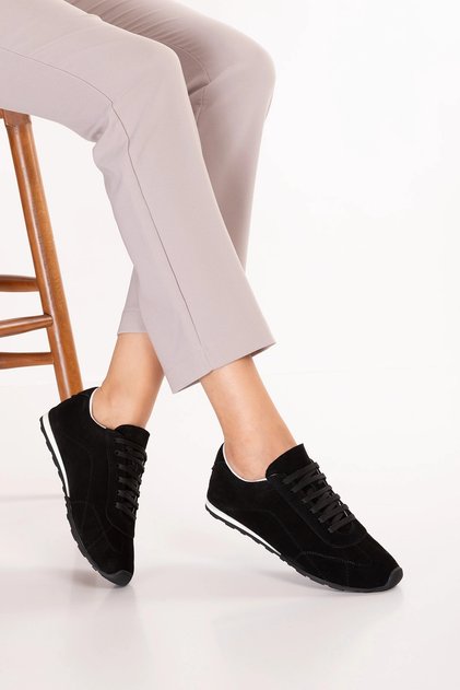 Women's Genuine Leather Suede Daily Comfortable Sneaker Als.100 Black Suede