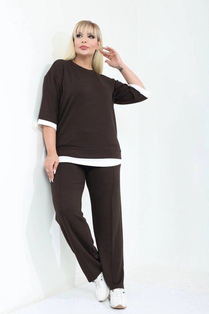 Plus Size Fakir Sleeve Crew Neck High Waist Garnished Long Sleeve Set