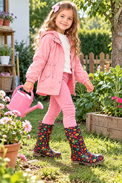 Garden Rain Transparent Yellow Floral Patterned Girls' Boots