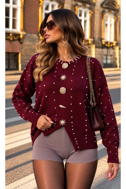 Gold Button Detailed Stylish Knitwear Blouse Sweater with Front Slit