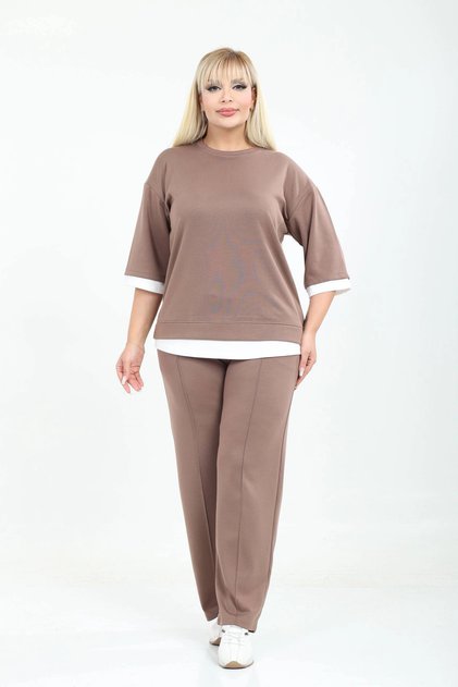 Plus Size Fakir Sleeve Crew Neck High Waist Garnished Long Sleeve Set