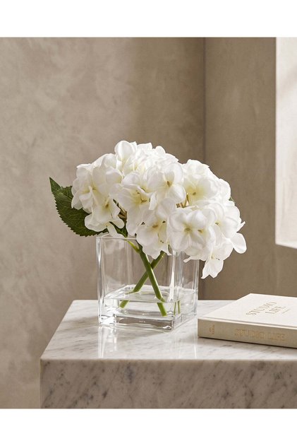 White Hydrangea in Glass Vase