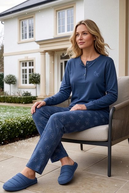 Women's Navy Blue Patterned Long Sleeve Combed Cotton 100% Cotton Fabric Seasonal Pajama Set