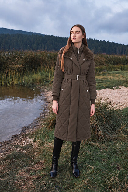 Fur Collar Belted Quilted Petra Coat Brown 12764