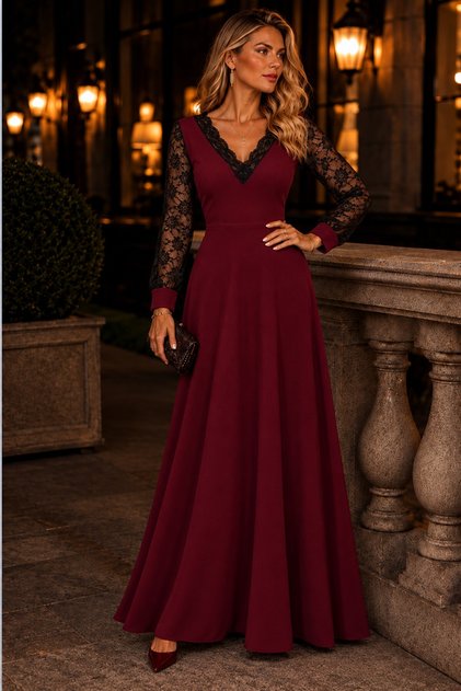 Women's V-Neck Long Lace Sleeve Elegant Stylish Evening Dress Long Janjan Crepe Dress