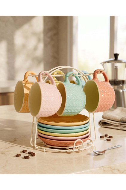 Assorted Embossed Espresso Set with Stand (13 Piece)