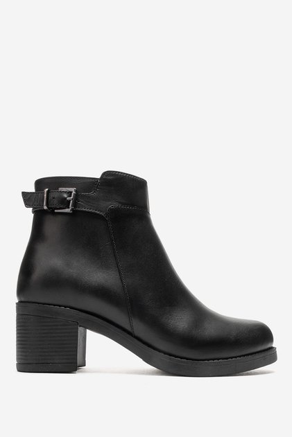 Women's Thick Heeled Buckle Zipper Boots&Booties Real Leather Br 66373 Black