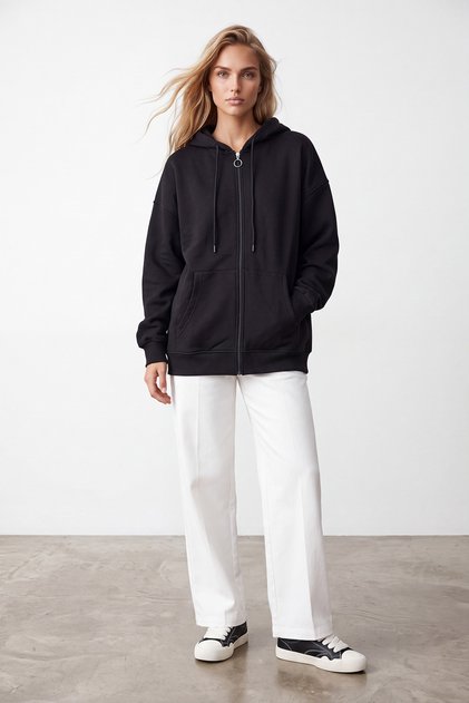 Women's Black Three Thread Ribbed Oversize Sweatshirt Alc-X15945