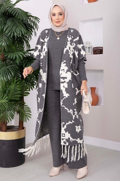 Ethnic Patterned Vest Knitwear Three-Piece Set Gray