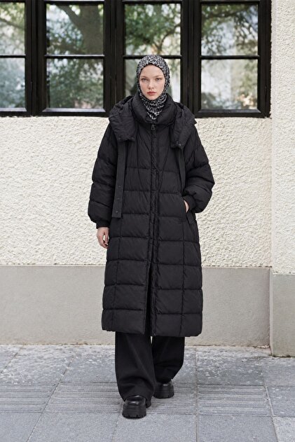 Hooded long down coat black