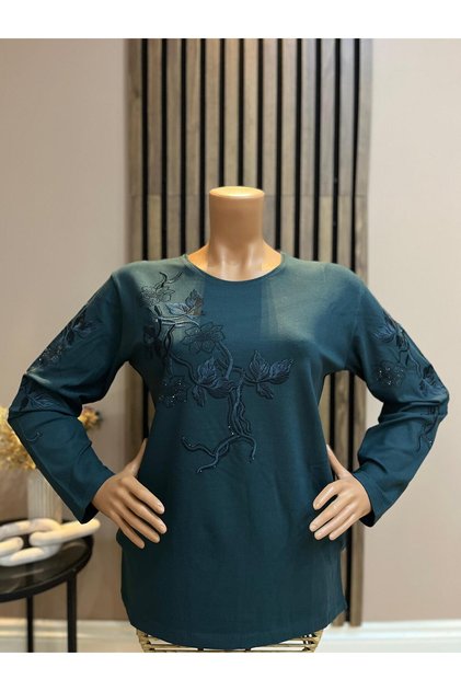 Women's Floral Embroidered and Sparkling Stone Winter Mom Combed Cotton Blouse