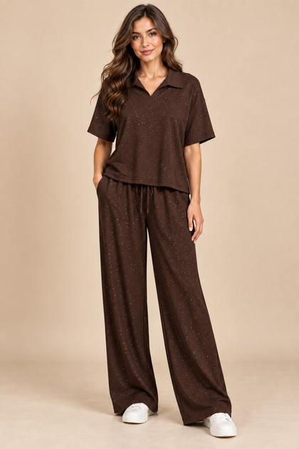 Women's Silvery Collared Soft Fabric Modal Top and Bottom Set