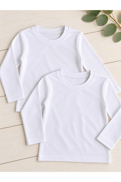 %95 Pamuk %5 Elastan 2-16 Yaş İkili Unisex Kız Erkek Çocuk Basic Bady Bisiklet Yaka Uzun Kol Tişört