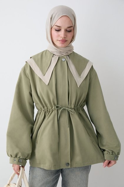 Double Collar Lined Khaki Trench Coat