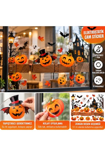 Halloween Cam Sticker Kabak Desenli Cadılar Bayramı Cam Süsü Vitrin Kapı Pencere Dekoru Büyük Boy