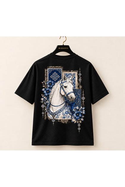 Oriental Horse Horse and Flower Motif Back Printed Oversize Unisex Premium T-Shirt