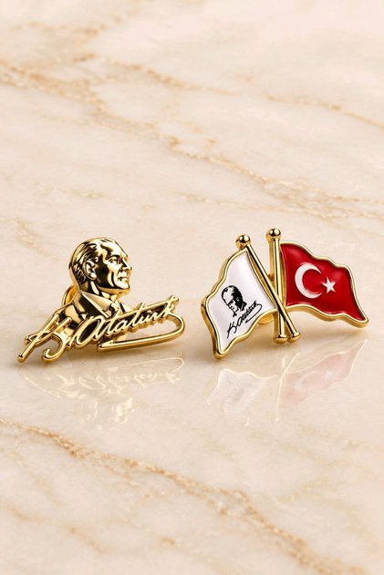 1 Çift Atatürk ve Bayrak Rozet, Yaka Rozeti, Çanta Rozeti