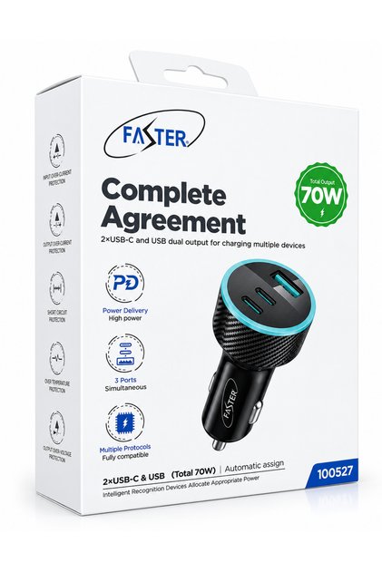 شاحن سيارة سريع من بقوة تصل إلى 70W واط مع 3 منافذ 2x USB-C + USB منفذين تايب سي PD