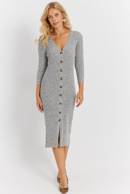 Women's Gray Knitwear Midi Shirt Dress Yvz274