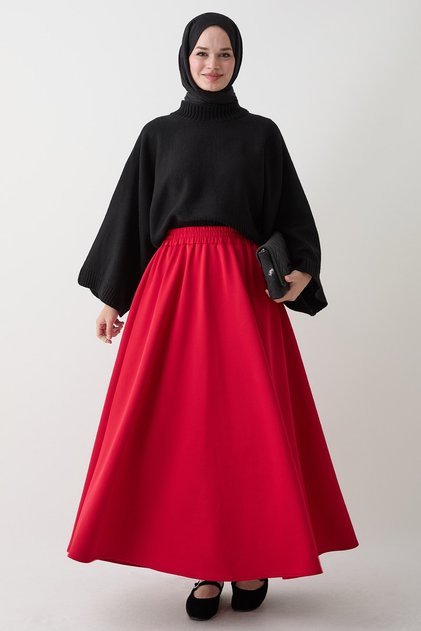 Pleated Flared Red Scuba Skirt