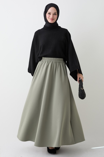Pleated Flared Khaki Scuba Skirt
