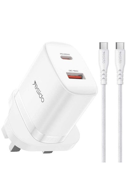 YC152 PD20W USB-C / Type-C and QC18W USB-A Dual Ports Charger Set with Type-C to Type-C Cable, UK Plug(White)