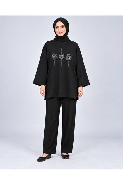 Kadın Siyah Taş İşlemeli Yırtmaçlı Oversize Oysho Tunik