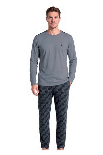 Men's Geometric Patterned Bottom Long Sleeve Pajama Set