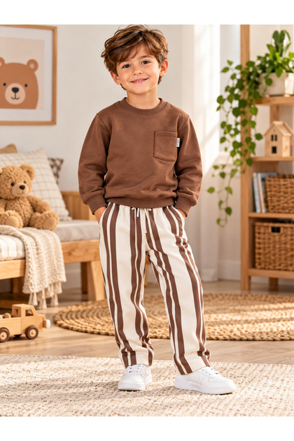 Boy's Brown Tracksuit Set, 3-Thread, Non-Embroidered, 100% Cotton, Six Stripes, Pockets, Adjustable Waist
