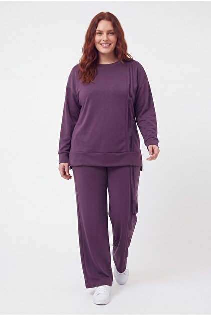 Women's Plus Size Crew Neck Vertical Ribbed Purple Tracksuit Set