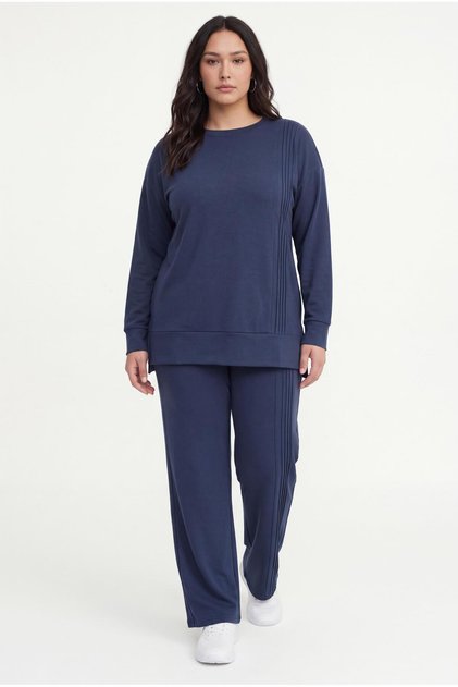 Women's Plus Size Crew Neck Vertical Ribbed Smoked Tracksuit Set