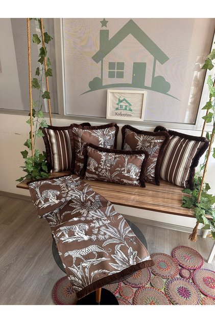 5+1 Brown Colored Tropical/Zebra Throw Pillow -Runner Set