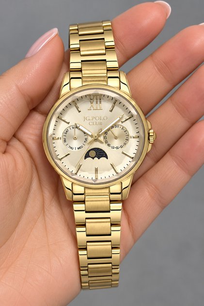 34 mm Case, Yellow Functions Active, Full Steel (Case-Strap) 5 Atm Pool Sea Use, Moon Phase Display, Women's Wristwatch+Bracelet