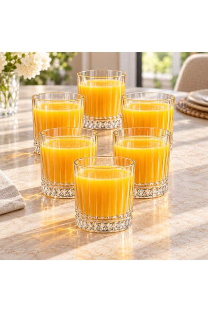 Set 6 Pahare Luce Tumbler din Sticlă 300ml, Design Striat cu Bază Decorativă Tip Diamant, pentru Apă, Sucuri și Cocktailuri