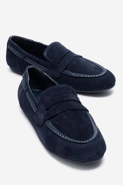 Francis Navy Blue Suede Genuine Leather Women's Loafer Shoes with Knitted Detail