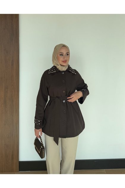 Cotton Model Women's Trench Coat with Stone Detail on the Collar and Sleeves and Belt
