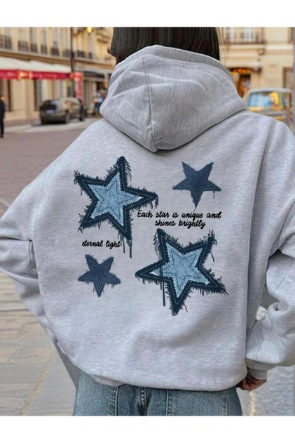 Women's Blue Star Printed Hooded Oversize Sweatshirt