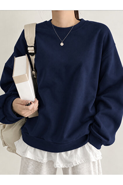 Unisex navy blue crew neck plain oversize sweatshirt