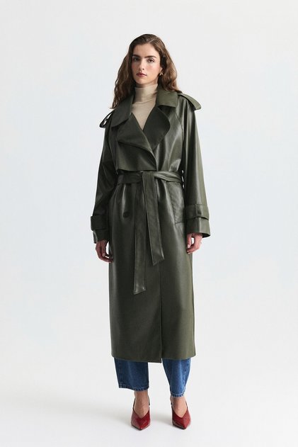 Textured Faux Leather Long Trench Coat