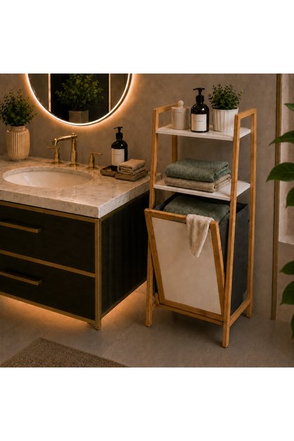 Wooden Shelf with Laundry Basket