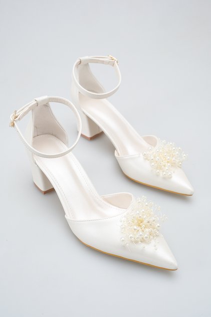 Women's White Pearl Decorated Pointed Toe Wedding Dress Shoes