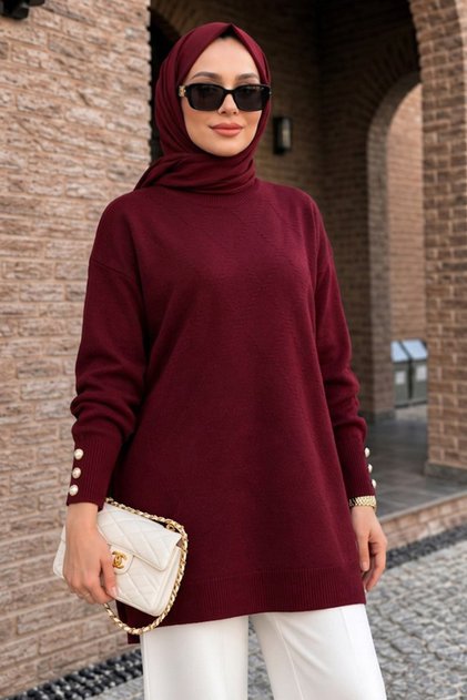 Button Detailed Cherry Hijab Knitwear Tunic 10941Vsn