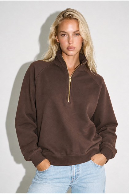 Women's Black Oversize 2 Thread High Collar Half Zipper Sweatshirt