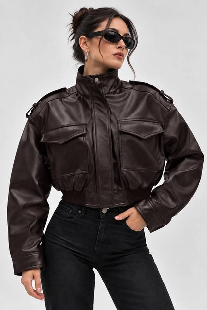 Women's Epaulet Double Pocket Zr Model Leather Jacket