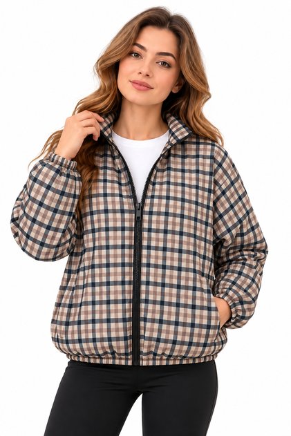 Kadın Ekose Desenli Fermuarlı Oversize Yağmurluk Ceket